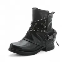pogolino Damen Stiefeletten Nieten Biker Boots mit Reißverschluß flach bequem Stiefel ST016 (ST107 Schwarz 37) - 37 EU