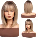 HAIRCUBE Brown Mixed Blonde Bob Perücken für Frauen Schulterlange Kunsthaarperücke mit Bangs