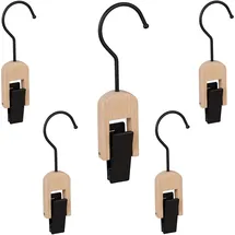 Relaxdays Klemmhaken 5er Set, gummiert, Kleiderklammer mit Haken, für Tücher & Mützen, aus Holz & Eisen, schwarz-Natur
