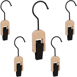 Relaxdays Klemmhaken 5er Set, gummiert, Kleiderklammer mit Haken, für Tücher & Mützen, aus Holz & Eisen, schwarz-Natur