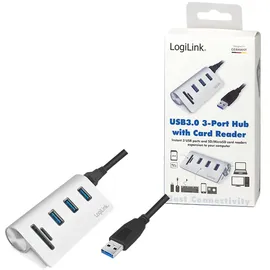 Logilink CR0045 3+2 Port USB 3.0 Hub (3-Port) mit Kartenleser für SD - Micro-SD Speicherkarten, Aluminiumgehäuse, mit eingebautem SD-Kartenleser Silber