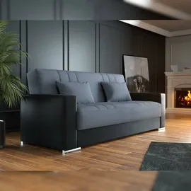 Dmora Schlafsofa Sergio, 3-sitzer-container-schlafsofa aus Kunstleder und Stoff, 230x96h101 cm, Schwarz und Grau