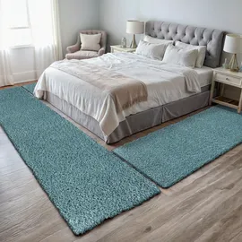 OTTO home Hochflor-Bettumrandung Banji, Höhe 37 mm, (3-tlg), Uni Farben, weich und flauschig, auch als Läufer & in rund erhältlich blau 1 St. x 80 cm x 200 cm