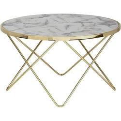 WOHNLING Design Couchtisch Marmor Optik Weiß Ø 85 cm Gold Wohnzimmertisch Rund