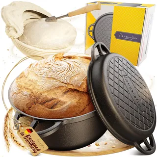 Flavemotion Gusseisen Topf Brotbackform mit Gärkorb & Bäckermesser 26cm Schmortopf Gusseiserner mit Deckel, Gusseisentopf Brot Backen Brottopf Bräter, Brotbacktopf, Dutch Oven Töpfe Gusseisenpfanne Kochtopf
