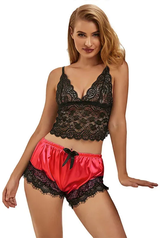 SUBBLIME  Lässiges Seiden-Nachthemd + Spitzenhose Schwarz/Rot S/M