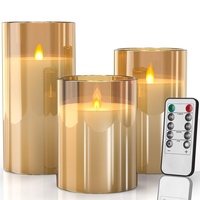 SUNNEST LED Kerzen Flammenlose im Glas, batteriebetrieben, mit Fernbedienung und Timerfunktion, realistisches, warmes Licht mit Flammenschütteleffekt, Set aus 3 Wachs Säulenkerzen, Gold