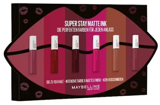 Maybelline New York Lippen Make-up Lipgloss Geschenkset Super Stay Matte Ink Lippenstift Nr. 15 Lover 5 ml + Nr. 20 Pioneer 5 ml + Nr. 30 Romantic 5 ml + Nr. 50  Voyager 5 ml + Nr. 70 Amazonian 5 ml + Nr. 80 Ruler 5 ml