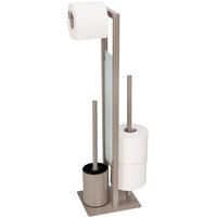 WENKO Stand WC-Garnitur Rivalta, freistehende WC-Garnitur mit Toilettenbürste, Toilettenpapier- und Ersatzrollenhalter, matt lackierter Stahl, Trennplatte aus Sicherheitsglas, 18 x 70 x 23 cm, Taupe