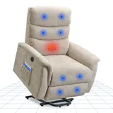 FLEXISPOT Relaxsessel, Aufstehsessel mit versteckter Becherhalter & Armlehnen-Aufbewahrung, Massagesessel mit Heizungfunktion im Wohnzimmer, Fernsehsessel, Liegesessel mit USB (Beige)