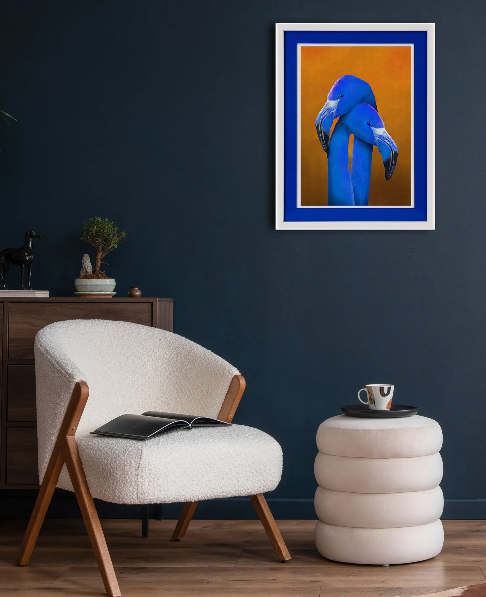 queence Bild mit Rahmen »Flamingo, Liebe, blau«, Flamingos, (1 St.), Poster mit buntem Acrylglas Passepartout queence weiß