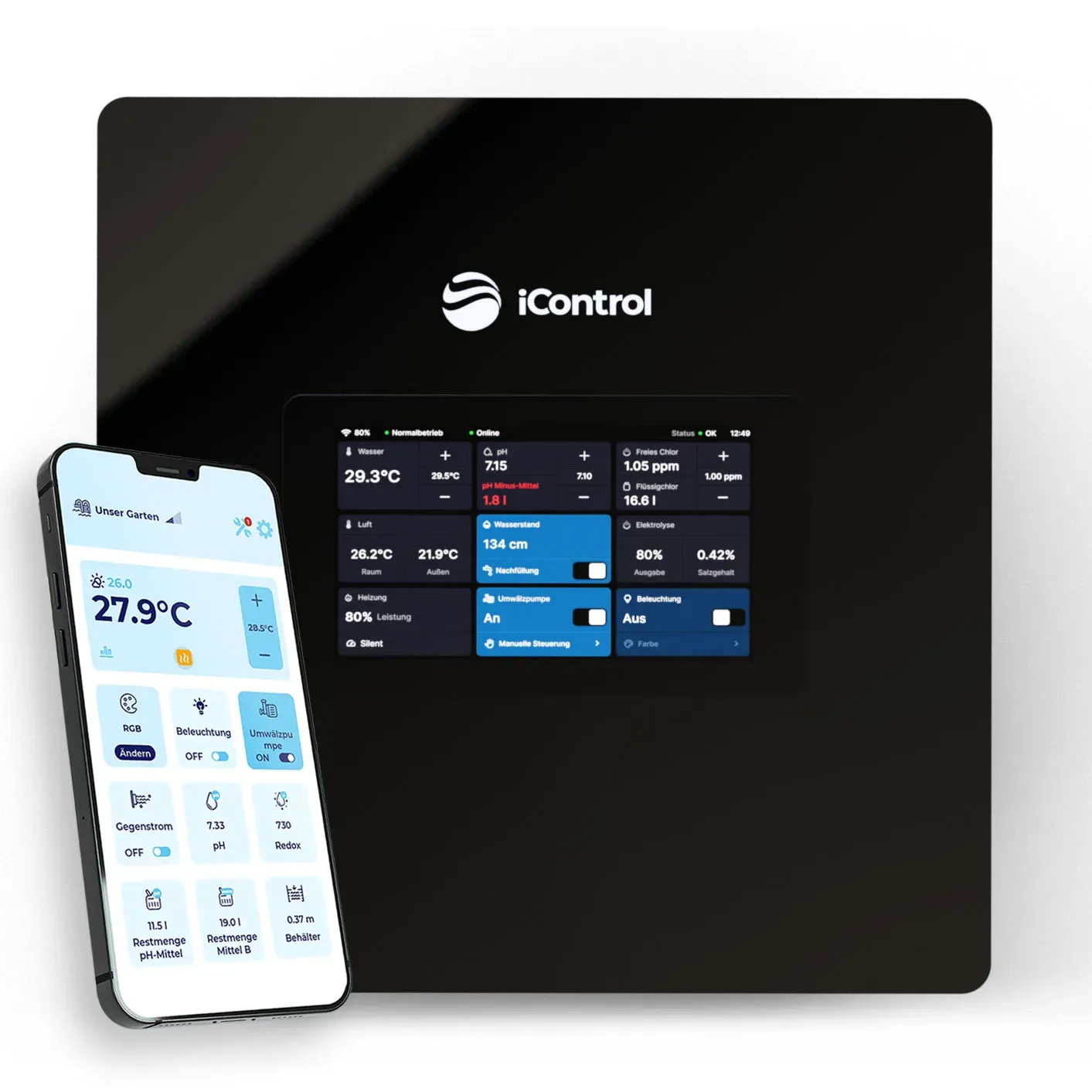 Smarte App Poolsteuerung iControl mit Touchdisplay, Zeitschaltuhr & optionaler Pooldesinfektion
