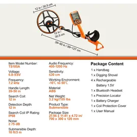 Vevor Profi Metalldetektor 7 Modi Metallsuchgerät 30cm Suchspule IP68 Tauchtiefe bis zu 3m Goldsucher mit verstellbarem Griff Golddetektor inkl. Bluetooth-Headset Präzisions-Ortungsgerät