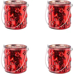 Windlicht CREATIV DECO "Weihnachtsdeko", rot, H:10,00cm Ø:6,50cm, Glas, Kerzenhalter, Glas mit Stern-Struktur