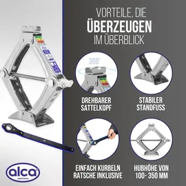 Alca alca® Scherenheber mit Ratsche 1t Tragkraft, höhenverstellbar 100–350mm, TÜV & GS, drehbarer Sattel, nutzbar mit 17er Stecknuss, stabil bis –...
