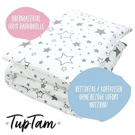 TupTam Kinder Gemusterte Bettdecken Set Ganzjahresdecke Bettdecke Kopfkissen Flachkissen 2tlg., Farbe: Sterne Grau/Weiß, Größe: 135x100 cm
