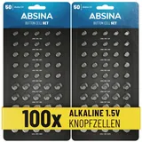 ABSINA 100er Pack Alkaline Knopfzellen Sortiment - 20x AG1 / 30x AG3 / 20x AG4 / 20x AG10 / 10x AG13-1,5V Batterie Sortiment auslaufsicher - Knopfzellen Set gemischt, Batterien Set gemischt