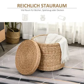 Homcom Sitzhocker mit Stauraum Deckel Abnehmbar, Stroh Rattan Khaki Ø43 x 43 cm Wohnzimmer, Hocker, Sitzhocker