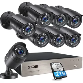 ZOSI 1080P Full HD Verkabelt Video Überwachungskamera Set Aussen mit 2TB HDD, 8CH H.265+ DVR, 8X 2MP Outdoor Kamera mit BNC Kabel, Bewegungserkennung