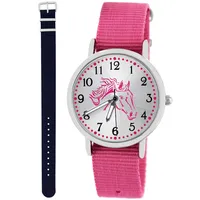 Pacific Time Kinder Armbanduhr Mädchen Junge Pferd Kinderuhr Set 2 Textil Armband rosa + dunkel blau analog Quarz 10554