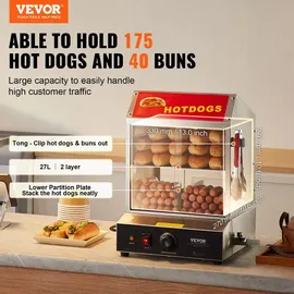 Vevor Hot Dog Dampfgarer, 27L, 2-stufiger Hot Dog Hütten-Dampfgarer, 30°C~85°C Temperaturregelung, elektrischer Brötchenwärmer mit Schiebetüren aus gehärtetem Glas, Trennplattenzange, Edelstahl