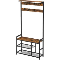 Kleiderständer, Garderobenständer mit Sitzfläche und 8 Haken, aus Stahlgestell, Höhe 182 cm, Industrie-Design, Vintagebraun-schwarz
