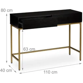 Relaxdays Konsolentisch, 2 Schubladen, Sideboard Flur, Wohnzimmer, Ablagetisch Holzoptik, HBT 80x110x40 cm, schwarz/gold