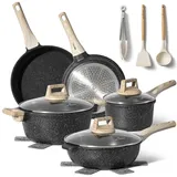 just perfecto - Induktions-Kochgeschirr-Set - Antihaftbeschichtete Töpfe und Pfannen mit Glasdeckeln - PFOA & PTFE-frei (15-teiliges Set in Beige)