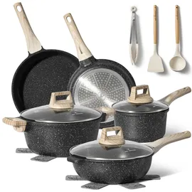 just perfecto - Induktions-Kochgeschirr-Set - Antihaftbeschichtete Töpfe und Pfannen mit Glasdeckeln - PFOA & PTFE-frei (15-teiliges Set in Beige)