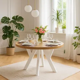 dekori.interiors Dekori Möbel Runder Ausziehbarer Tisch für Esszimmer mit Holzbeinen, Pero, Loft-Stil, Skandinavische, Durchmesser Varianten: von 90 bis 220 cm (Eiche Craft Golden/Weiß, cm)