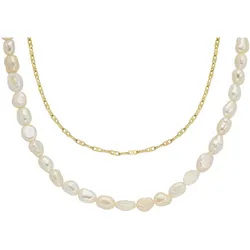 Edelstahlkette FOSSIL "Schmuck Geschenk Edelstahl HERITAGE PEARL D-LINK DOPPELT, JF04728710", gold (gelbgoldfarben, weiß), Halsketten, Damen, Edelstahl-Perlen, L: 45,5cm B: 5mm, Edelstahl, Perlen, mit Perle (imitiert), B:5mm