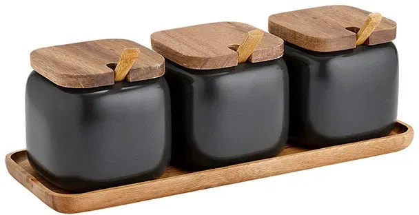 Ladelle Keramik ESSENTIALS Dosen - 3er Set inkl. Löffel + Tablett - anthrazit