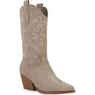 Stiefelparadies Damen Cowboystiefel in Khaki Velours,