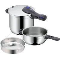 WMF Perfect Plus Schnellkochtopf Set Induktion 3-teilig, Dampfkochtopf 6,5l + 3l mit Einsatz-Set, Cromargan Edelstahl poliert, 2 Kochstufen