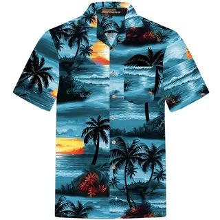Hawaiihemdshop.de Hawaiihemd Hawaii Hemd Herren Baumwolle Kurzarm Hawaiihemd mit Palmen und Meer blau 8XL