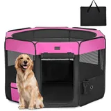 PETSFIT faltbar Welpenauslauf Tierlaufstall für Kleintiere Hunde Katzen,Hundelaufstall Freigehege mit Wasserdichter Boden,Pop-up System Kausicheres Design,Rosarot/Schwarz,116 * 106 * 70cm