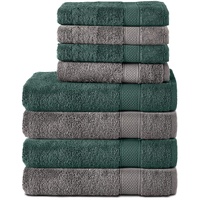 Komfortec 8er Handtuch Set aus 100% Baumwolle, 4 Badetücher 70x140 und 4 Handtücher 50x100 cm, Frottee, Weich,Groß, Anthrazit Grau/Dunkel grün