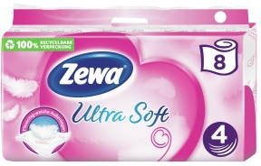 Zewa Ultra Soft Toilettenpapier, 4-lagig, Toilettentuch für den persönlichen Pflegemoment, 1 Packung = 8 Rollen à 150 Blatt