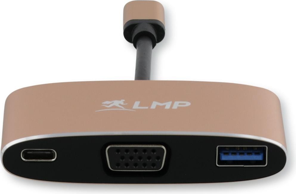 LMP USB-C (m) to VGA & USB 3.0 (f) & USB-C charging Multiport Adapter, aluminium, gold *New (USB Typ-C, VGA, USB-A, 3.70 cm), Data + Video Adapter, Gold