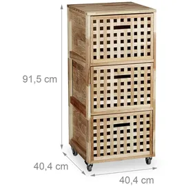 Relaxdays Rollcontainer Holz, 3 Fächer, HxBxT:91,5x40,4x40,4cm, Utensilienwagen Rollregal natur