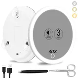 30x Vergrößerungsspiegel mit Licht, großer 15cm 3 Farben dimmender beleuchteter 30x Vergrößerungsspiegel mit 3 Saugnäpfen, Reiselupenspiegel hohe Vergrößerung Makeup Spiegel mit Pinzette Schere