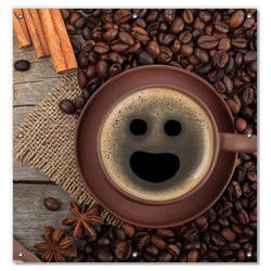 Sonnenschutz Lustige Kaffeetasse mit einem Lächeln – Kaffeebohnen und Zimt, Wallario, blickdicht, mit Saugnäpfen, wiederablösbar und wiederverwendbar rot 96 cm x 100 cm