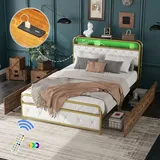 okwish Metallbett Eisenrahmenbett 140 x 200 cm mit Kopfteil mit USB-Ladeanschluss, Stauraumbett Funktionelles mit 4 Schubladen und LED-Beleuchtung(... - Weiß