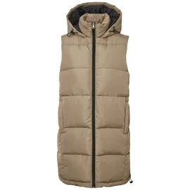 Noisy May Damen Lange Puffer Weste | Wattierte Stepp Übergangsjacke ohne Ärmel | mit Kapuze & Zip NMAURORA, Farben:Beige, Größe:36