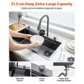 Vevor Einbauspüle 850 x 460 x 236 mm, Einbauspülbecken mit Integrierter Stufe, Wasserfallarmatur & Schneidebrett, Einzelbecken Geeignet für Wohnmobil, Vorbereitungsküche, Waschküche & Bar