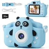 FIVAVA Kinderkamera,1080P Kinder Kamera 2.0”Display Digitalkamera Kinder mit 32GB Karte,Kinderspielzeug ab 3 Jahre,Fotoapparat Kinder Blau Bär