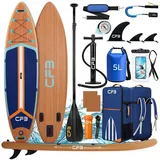 CFB SUP-Board Set 335x86x15 cm, extra breites Stand Up Paddle Board, aufblasbares iSUP, (Komplett-Set, mit Paddel, Pumpe, Rucksack, Leash, Dry Bag, Handyhülle & Schultergurt), maximal 200 kg belastbar, für Anfänger & Erwachsene blau|braun