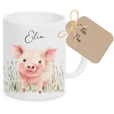 Manufaktur Liebevoll Tasse mit Namen Kinder Kindertasse mit Namen Becher Keramik Mädchen Junge Namenstasse Ferkel Bauernhof Geschenk