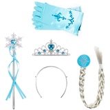 Amacoam Set 4 Stück Eiskönigin ELSA Zubehör Set Verkleidung Mädchen Prinzessin Krone Haarreifen Zopf Zauberstab Handschuhe Prinzessin Kostüme Zubehör Eisprinzessin Verkleidungsset (Hell Blau)