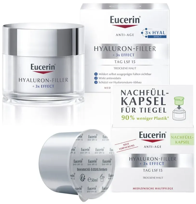 Eucerin Anti-Age Hyaluron-Filler + 3x EFFECT Tag LSF 15 Nachhaltigkeit Refill Bundle 1 Sparset